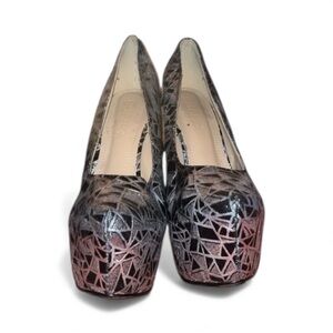 🎄✨ Liliana Size 7.5 Silver Geometric Platform High Heels – 6” Glam Stilettos ✨